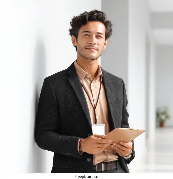 Businessman Holding Digital Tablet in Modern Setting