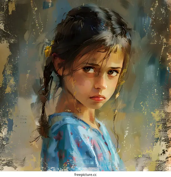 Portrait of a young girl with brown hair and brown eyes wearing a blue dress