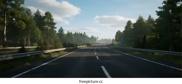 A scenic highway surrounded by lush green trees under a clear sky