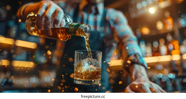 Bartender pouring whiskey into glass with ice cubes