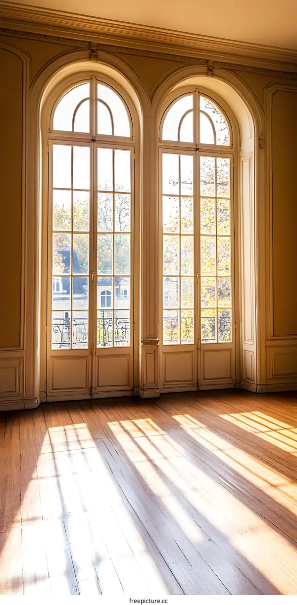 Sunlight Streaming Through Arched Windows In A Room With Wooden Floor