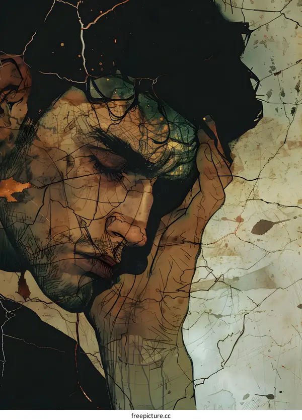 A man with dark hair and a beard is holding his head in his hand. He is wearing a dark suit. The background is a dark, cracked wall.