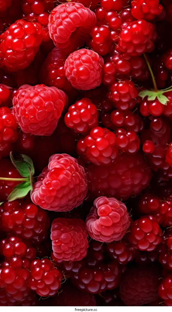 Close-up image of a pile of red raspberries