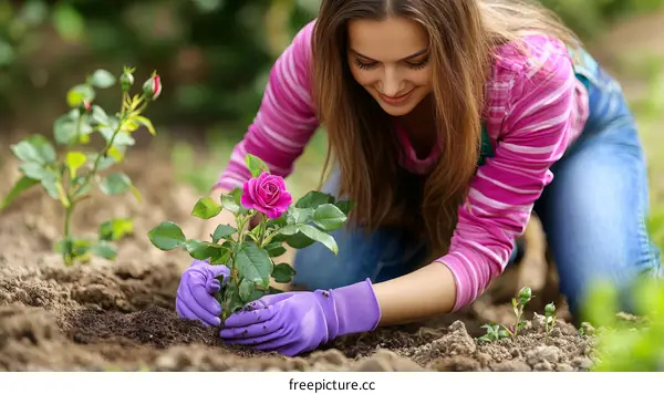 Woman Planting a Rose Bush in a Garden