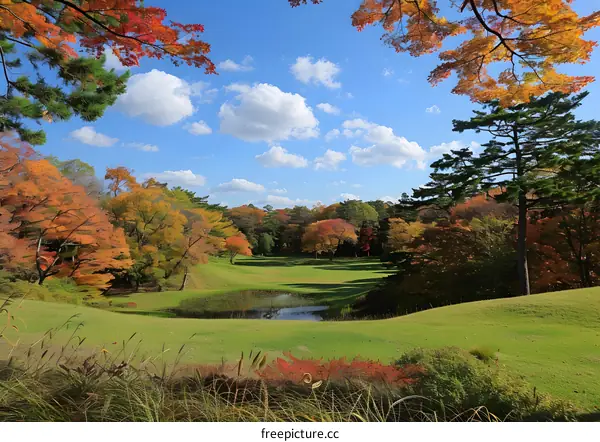 colorful autumn trees in a park with a pond
