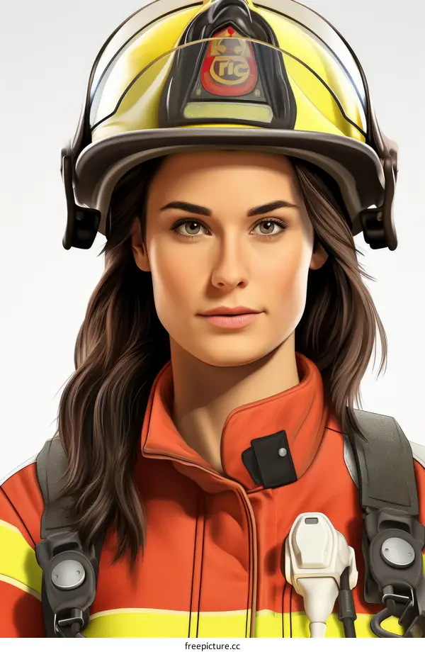 Portrait of a confident female firefighter wearing a protective helmet and fire-resistant gear