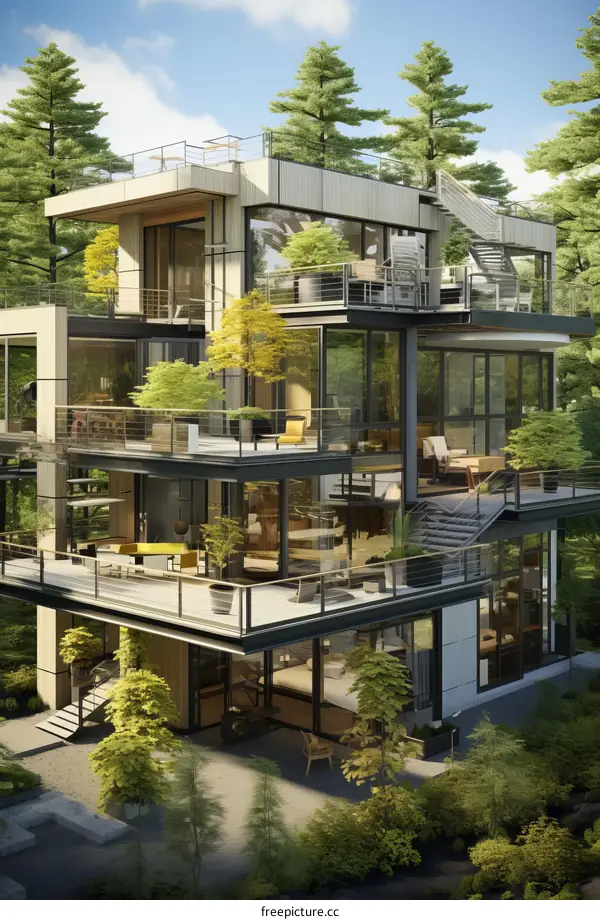 Futuristic house with vast glass windows amidst lush greenery