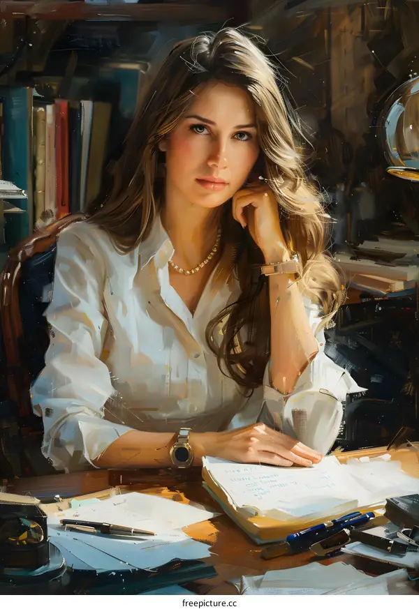 Portrait of a beautiful young woman in a white blouse sitting at a desk and looking at the camera