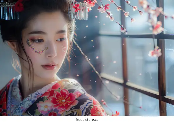 Portrait of a beautiful Japanese woman in traditional kimono with pink flowers in her hair