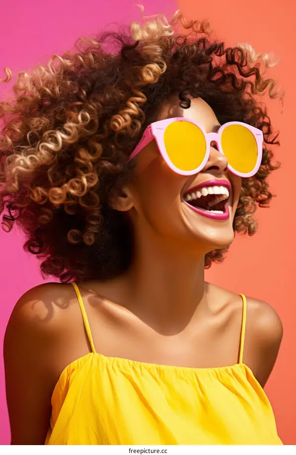Laughing woman wearing yellow sunglasses and pink framed glasses
