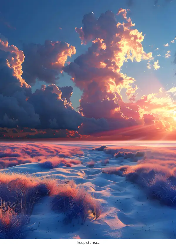 A beautiful sunset over the snow-covered sand dunes