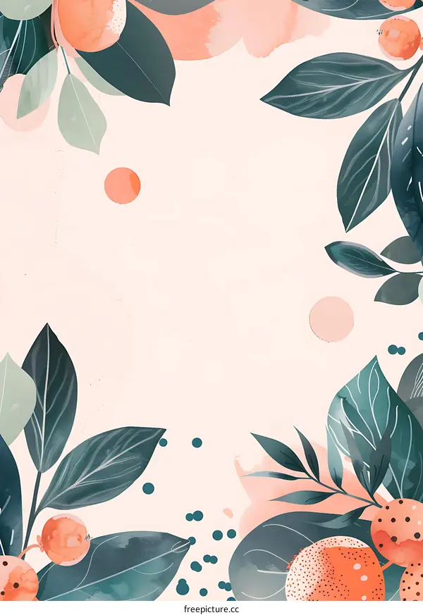 Abstract Floral Watercolor Background with Green Leaves and Orange Fruits