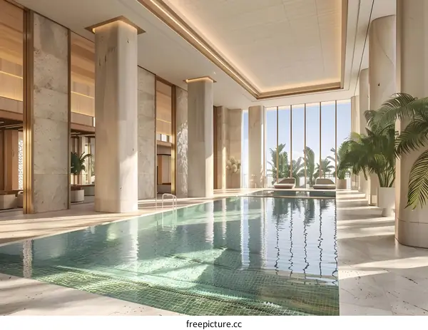 Indoor Swimming Pool With Large Windows and Palm Trees