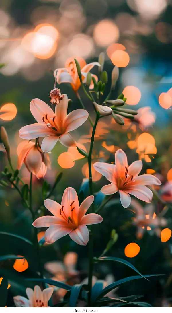 Pink Lily Flowers in Bloom with Bokeh Lights