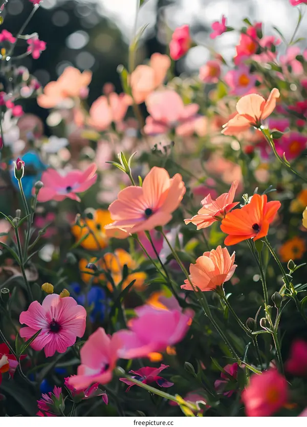 Field of colorful flowers in the sunlight
