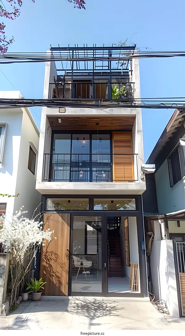 Modern Minimalist Design House with Balconies and Wooden Doors