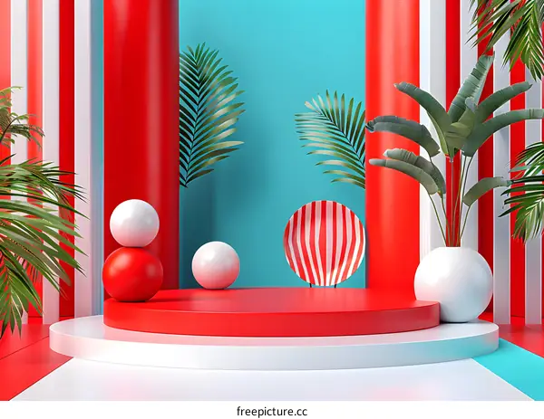 Red and White Striped Podium with Palm Leaves
