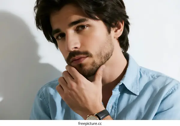 A man in a light blue shirt with hand on chin looking ahead