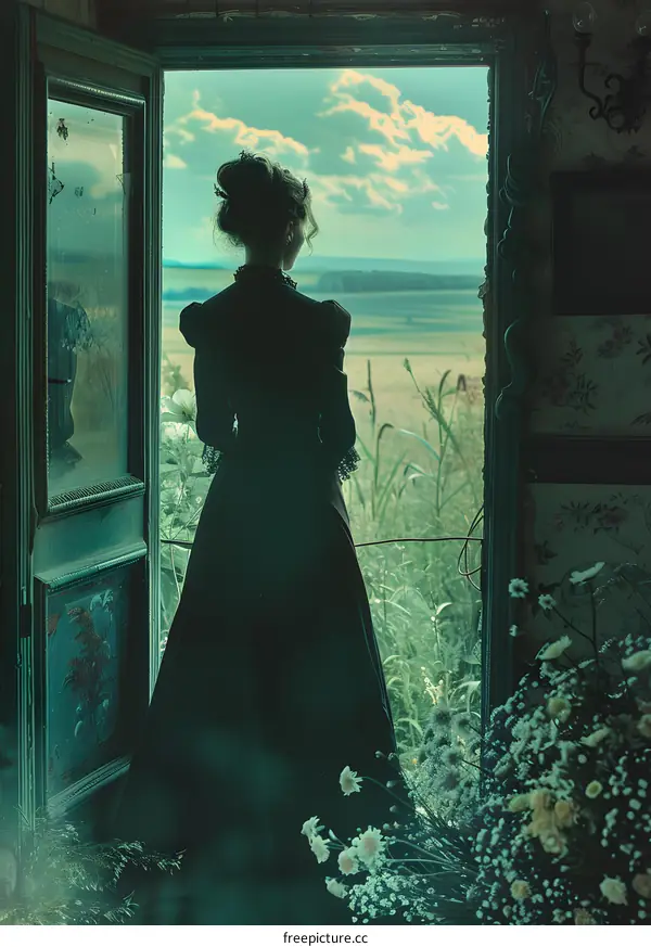 Woman in Black Dress Looking Out Door