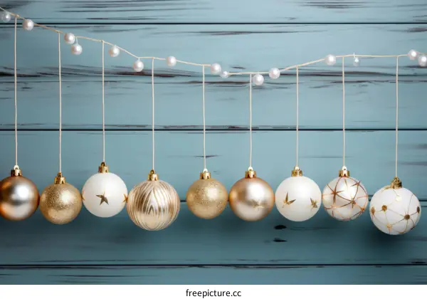A string of Christmas ornaments with a blue wooden background