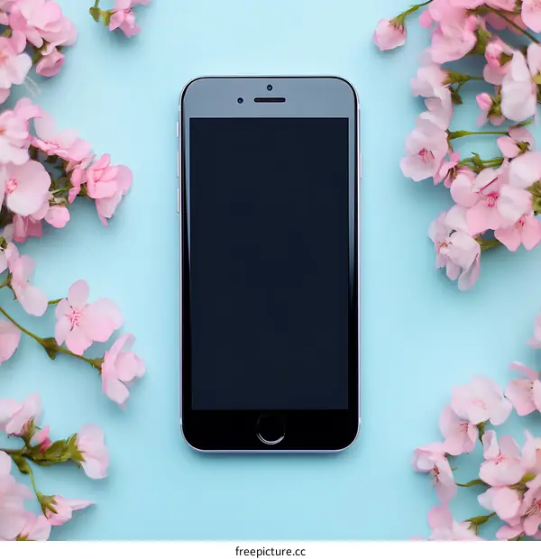 Black Smartphone Surrounded by Pink Flowers on Blue Background