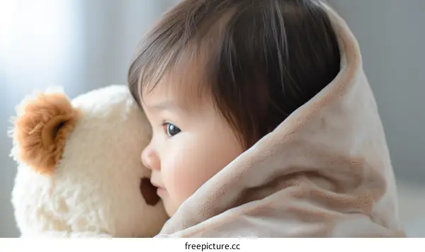 Little Asian girl hugging a stuffed animal