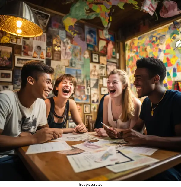 Four people laughing at a table in a restaurant
