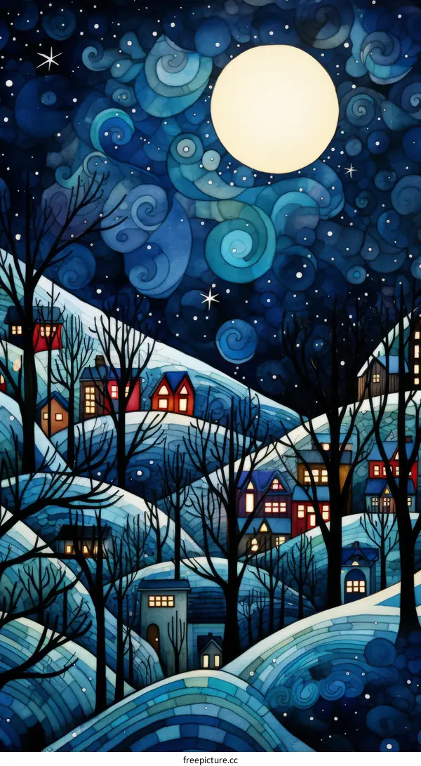 Tranquil Snowy Winter Night Village Scene with Moon and Stars Art