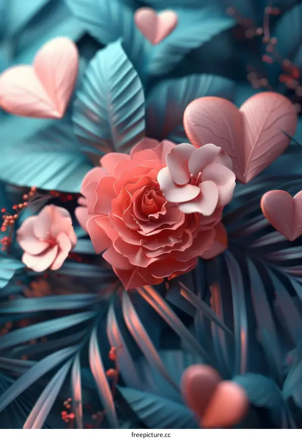 Pink Roses and Hearts on a Blue Leaf Background