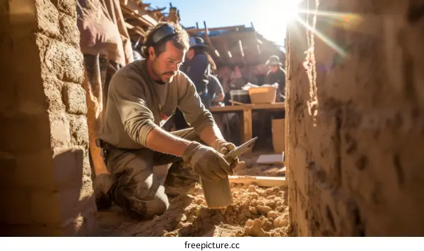 A construction worker is working on a building site