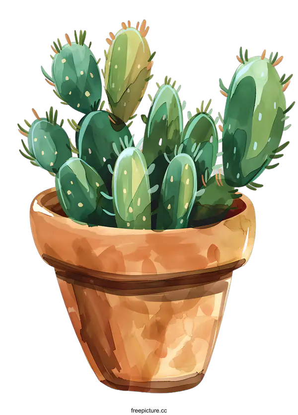 [Transparent Background PNG]Watercolor Illustration of Cactus Plant in Pot