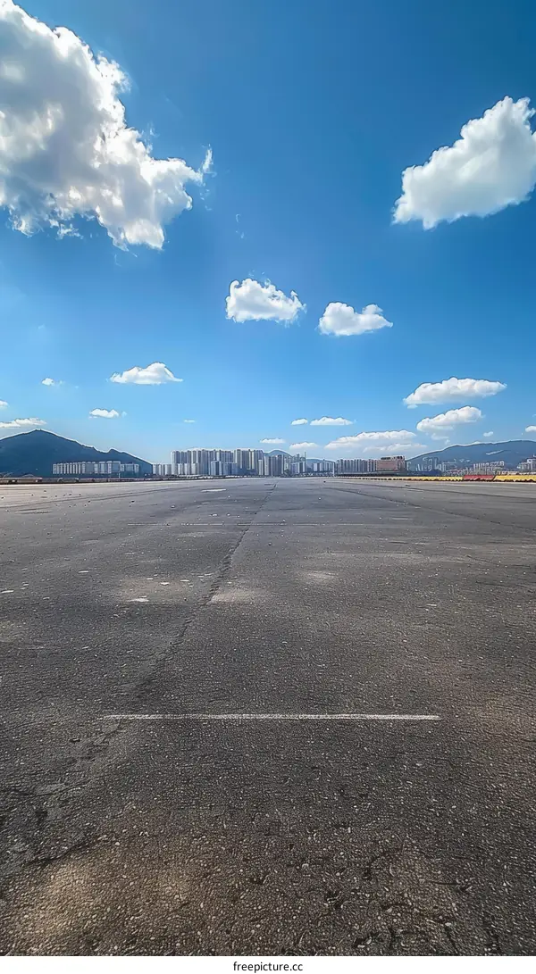 Empty Runway with City Skyline in the Distance