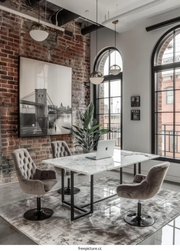 Modern office interior with marble table and velvet chairs