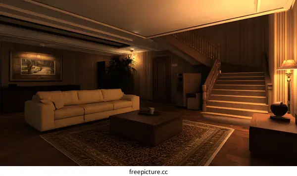 Modern Interior Design With Wooden Staircase and Sofa