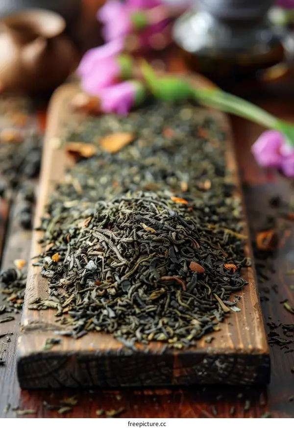 Green Tea Leaves on a Wooden Table in Close-Up