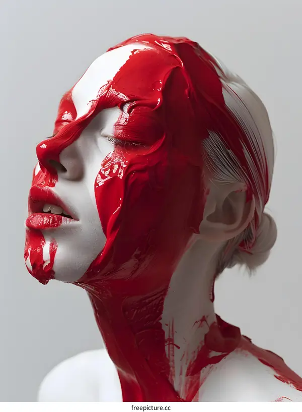 A woman with red and white paint on her face