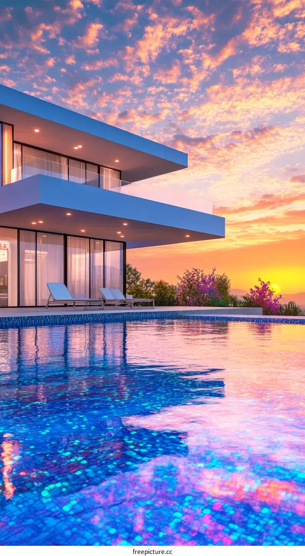 Modern House by the Pool at Sunset