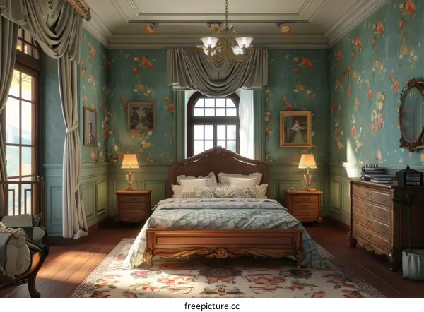 Vintage Bedroom with Floral Wallpaper