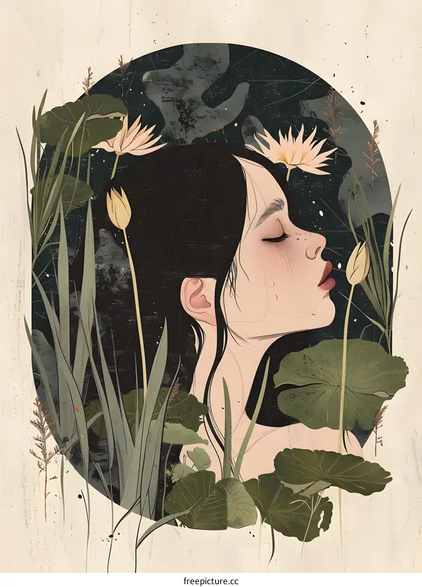 Woman Surrounded by Lush Greenery in an Illustration