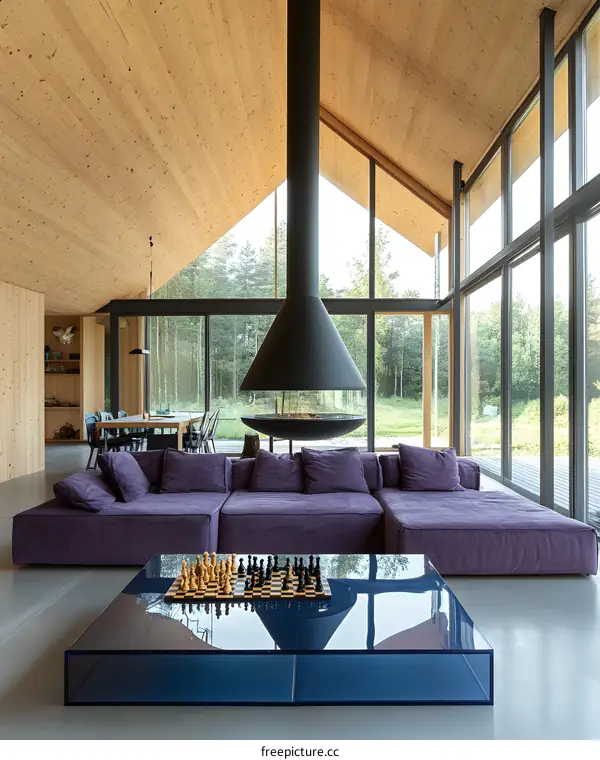 Modern Living Room Interior Design With Large Windows And Fireplace