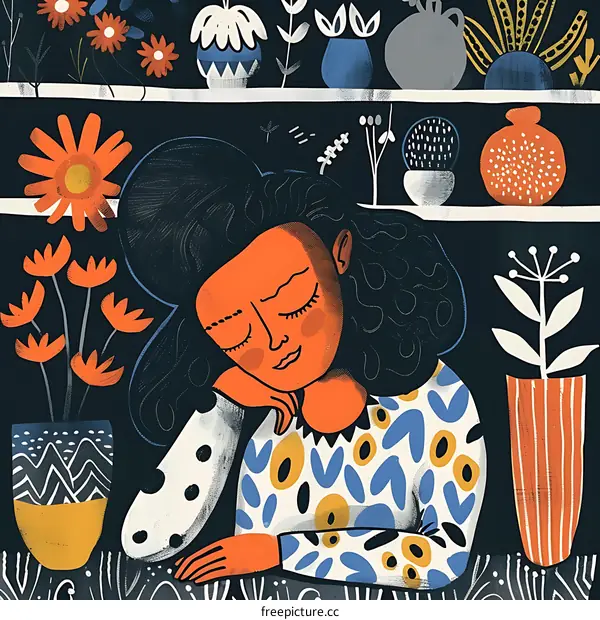 Woman Sleeping with Plants Around Her
