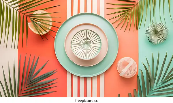 Summer Table Setting with Palm Leaves and Citrus Fruit