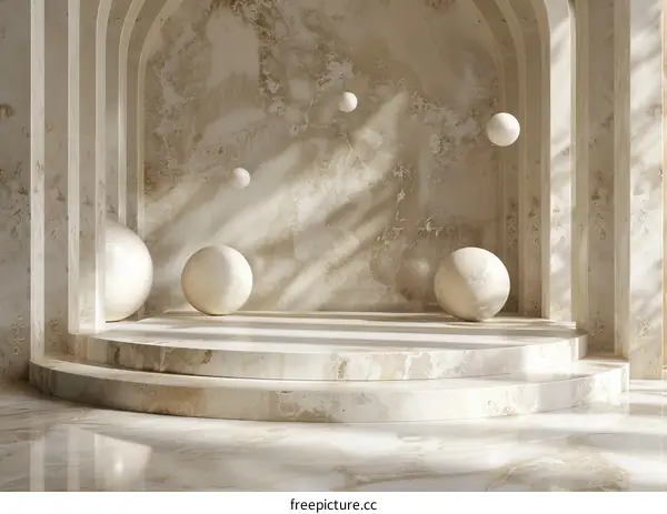 3D rendering of a podium made of marble with floating spheres