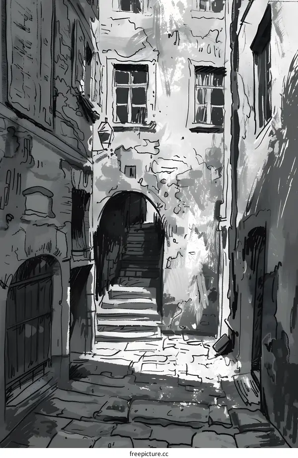 Black and White Sketch of a Narrow Alleyway