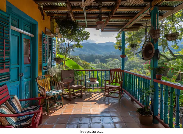 Colorful porch with rocking chairs and mountain view