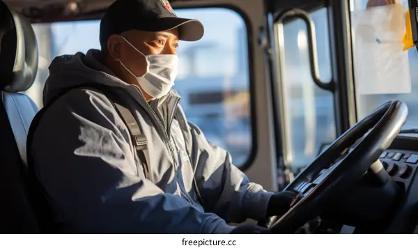 A bus driver wearing a mask is driving a bus