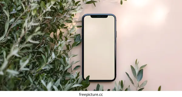 Blank Screen Smartphone on a Beige Background with Green Leaves