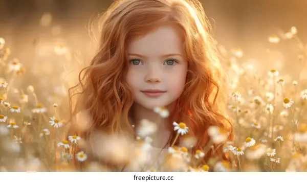 Little red-haired girl in a field of daisies