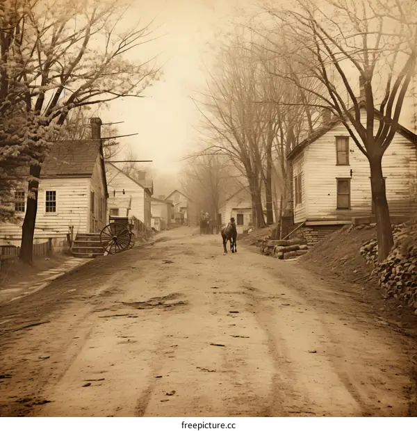 A horse-drawn carriage rides down a dirt road in a rural village in the 19th century.