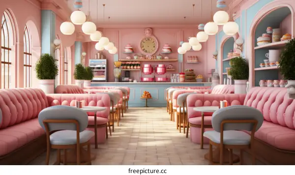 pink and blue pastel color scheme cafe interior design